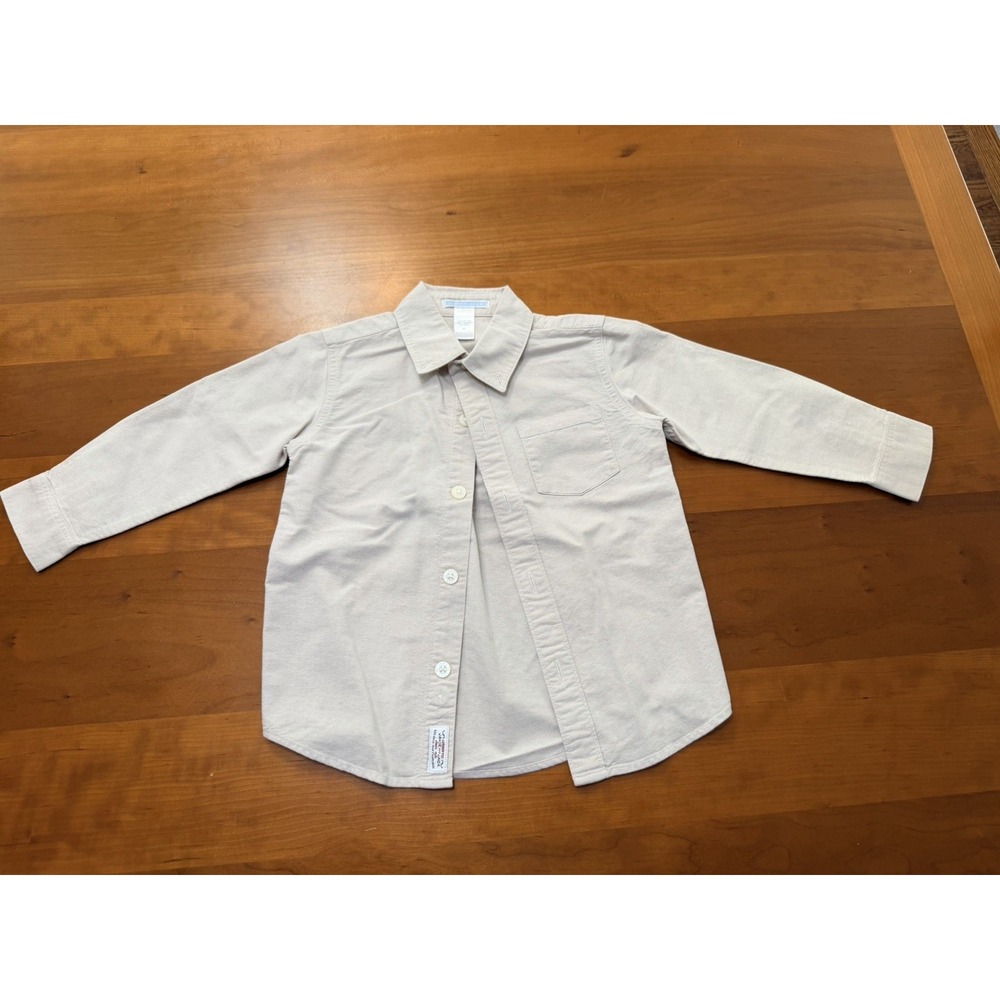Janie and Jack Boys Beige Cotton Long Sleeve Collared Button-Up Dress Shirt 3T